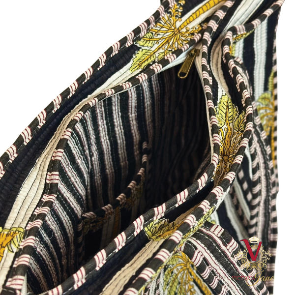 Monochrome Palm Tree Zipped Designer Carry All Tote Bag open