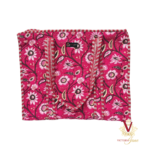 Cerise Floral Zipped Designer Carry All Tote Bag