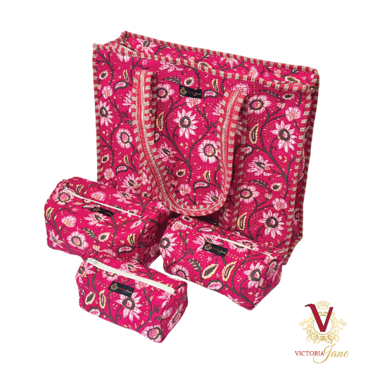 Cerise Floral Tote Pouch Set – Matching Duo full set