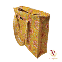 Gold Floral Zipped Designer Carry All Tote Bag side