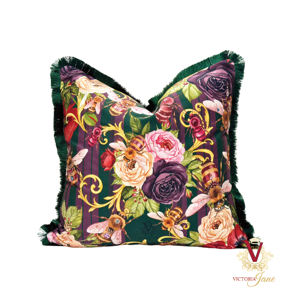 Green Queen Bee Society Velvet Cushion Cover front chopped