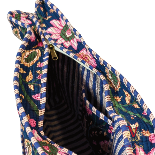 Navy Floral Zipped Designer Carry All Tote Bag open