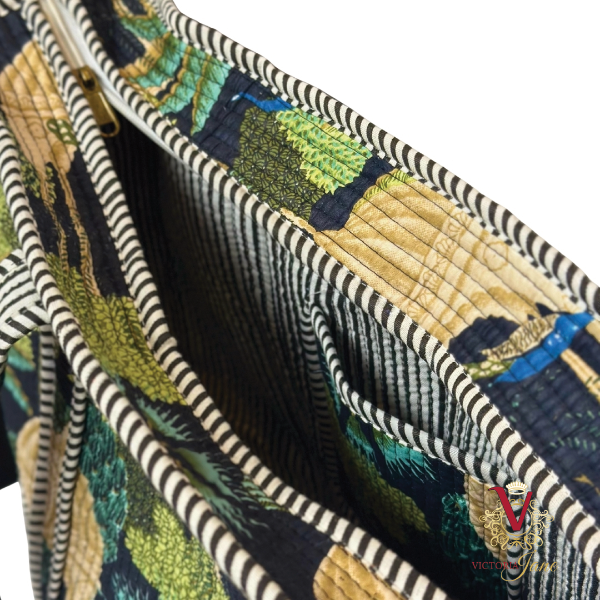 Black Peacock Jungle Zipped Designer Carry All Tote Bag open