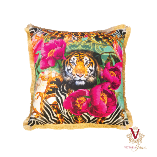 Peony Tiger velvet cushion cover in a colourful maximalist print