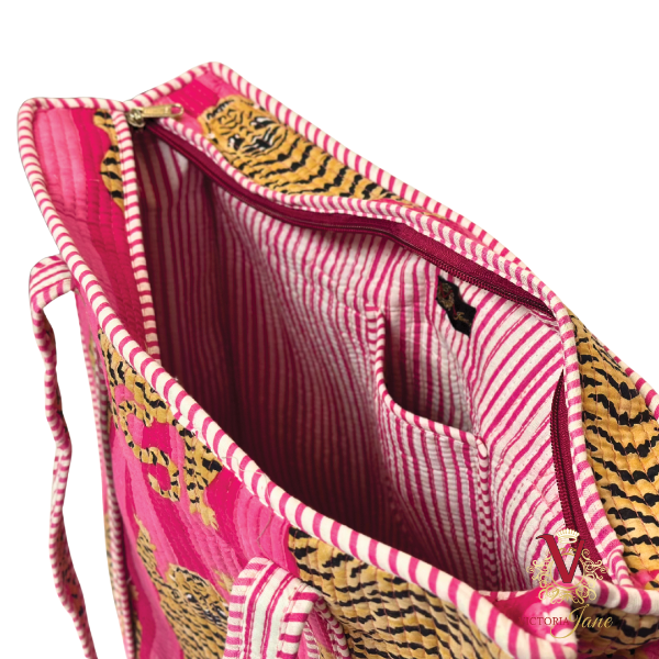 Tibetan Tiger Pink Zipped Designer Carry All Tote Bag inside open zip