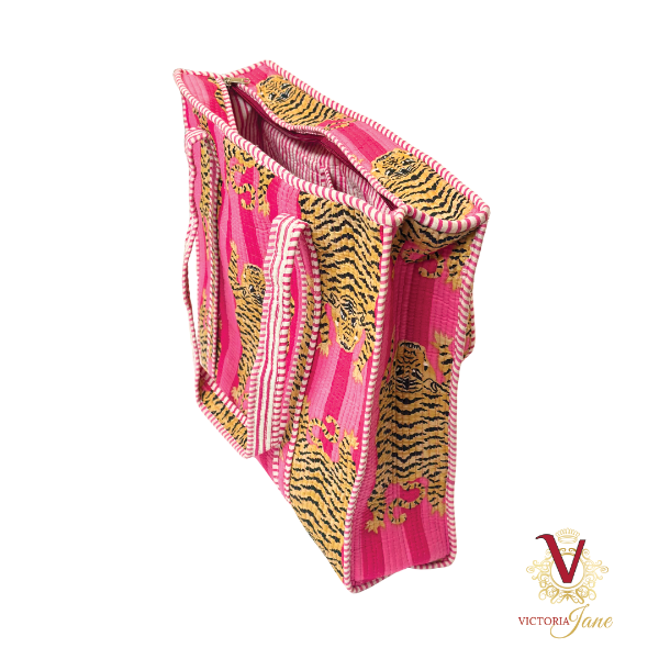 Tibetan Tiger Pink Zipped Designer Carry All Tote Bag side
