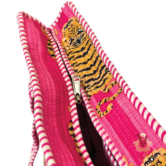 Tibetan Tiger Pink Zipped Designer Carry All Tote Bag close up zip
