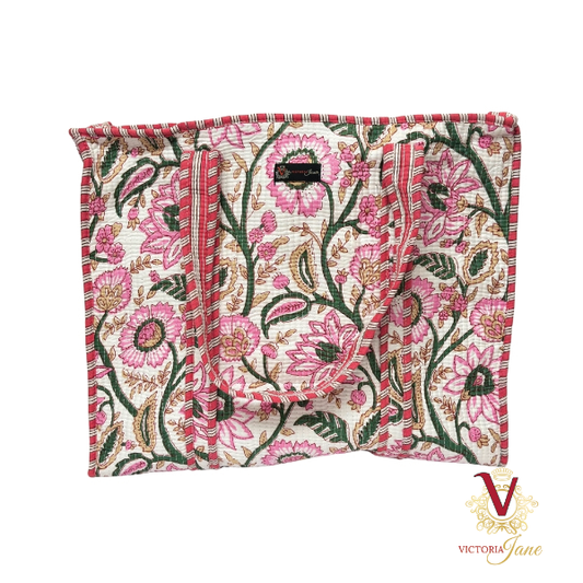 White Floral Zipped Designer Carry All Tote Bag