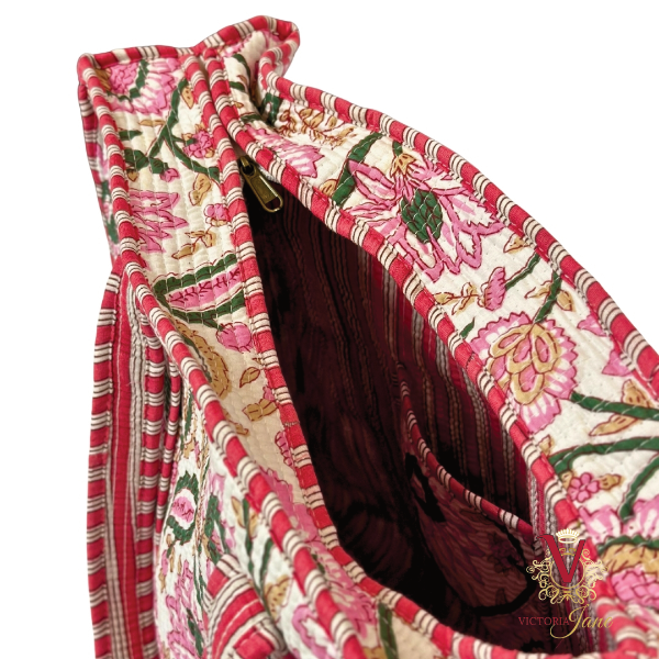 White Floral Zipped Designer Carry All Tote Bag open