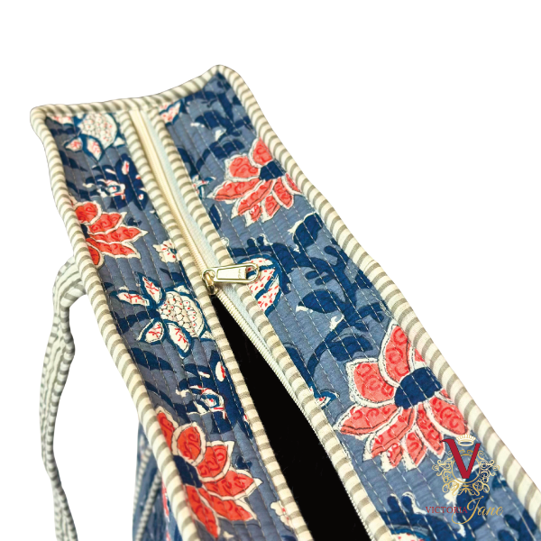 Denim Flower Zipped Designer Carry All Tote Bag close up zip open