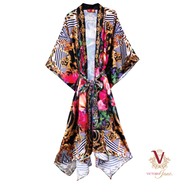 Silk Crepe Peony Bird Kimono front victoria jane