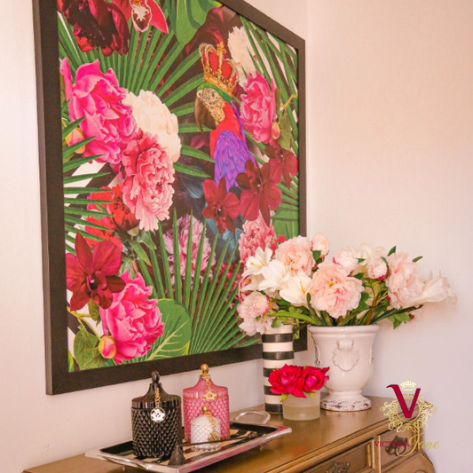 Victoria Jane King Parrot Black Framed Wall Art lifestyle table foyer bright