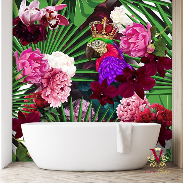 Victoria Jane King Parrot Mural in bathroom