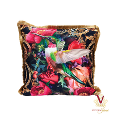 Peony Bird Velvet Cushion front