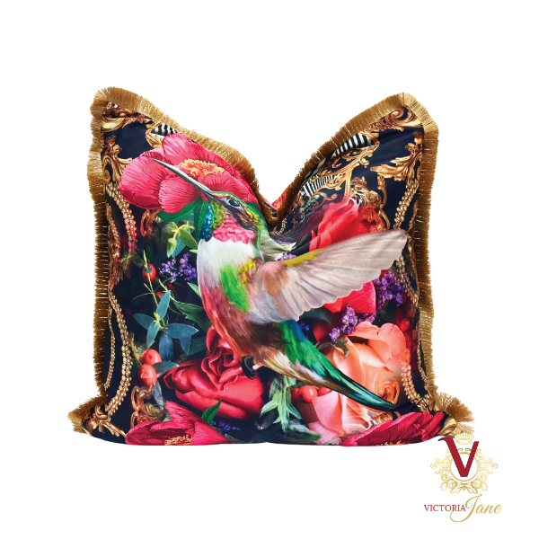 Peony Bird Velvet Cushion front chopped