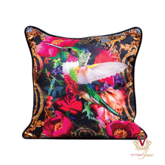 Crepe Peony Bird Crystal Embellished Cushion