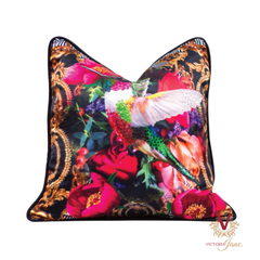 Crepe Peony Bird Crystal Embellished Cushion