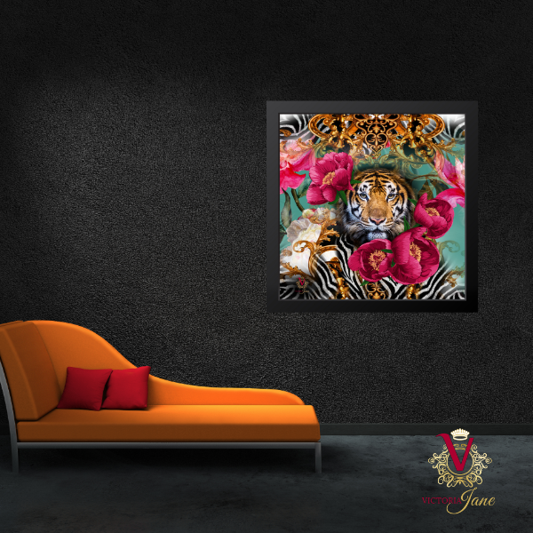 Bright colourful victoria jane tiger peony wall art placed in a contemporary lounge
