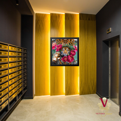 Bright colourful victoria jane tiger peony wall art placed in a contemporary modern entrance