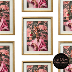 Pyjama Giraffe Retro Ink Canvas Framed Print repeated on wall