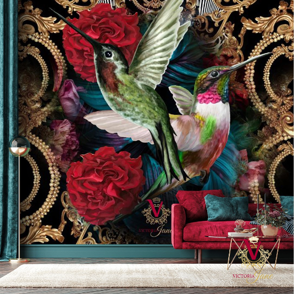 victoria jane Rose Bird Mural in bright living area