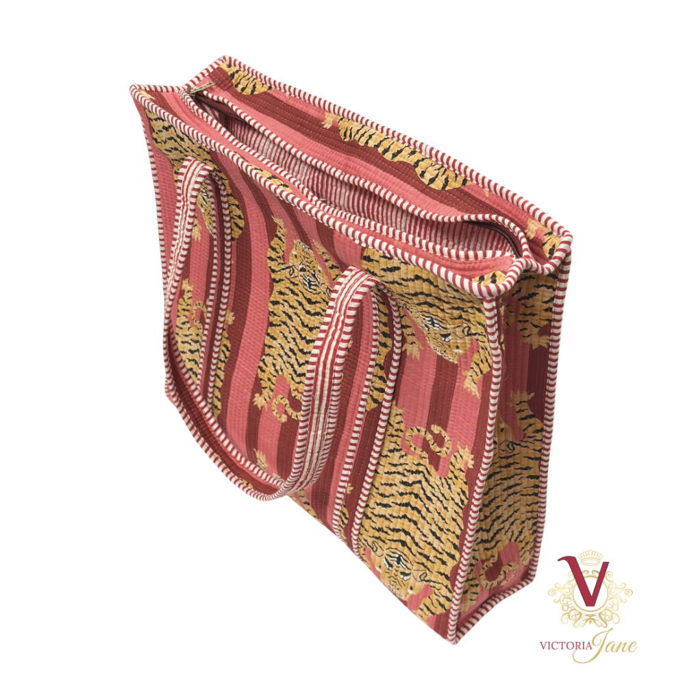 Tibetan Tiger Rust Zipped Designer Carry All Tote Bag open