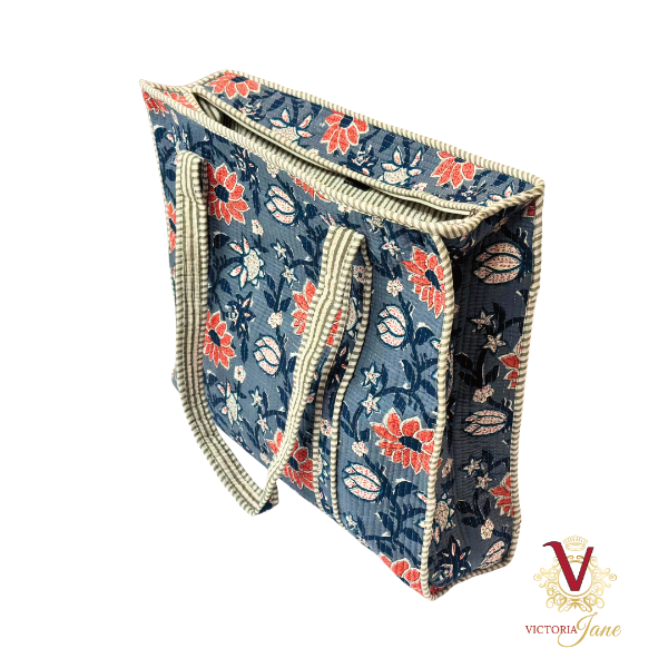 Denim Flower Zipped Designer Carry All Tote Bag side view