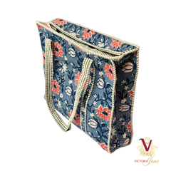 Denim Flower Zipped Designer Carry All Tote Bag side view
