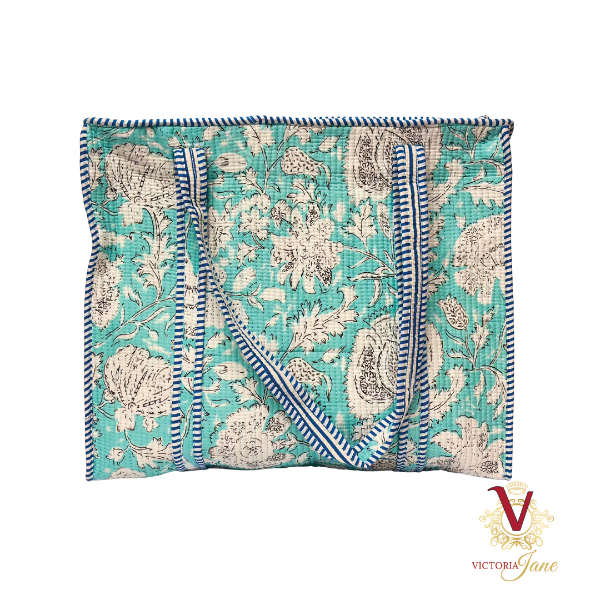 Teal Flower Zipped Designer Carry All Tote Bag