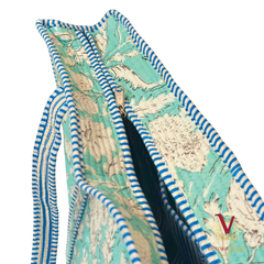 Teal Flower Zipped Designer Carry All Tote Bag zip open