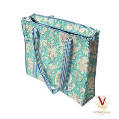 Teal Flower Zipped Designer Carry All Tote Bag side