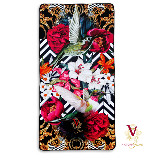 Lily Bird bathroom towel in a colourful lily and bird print