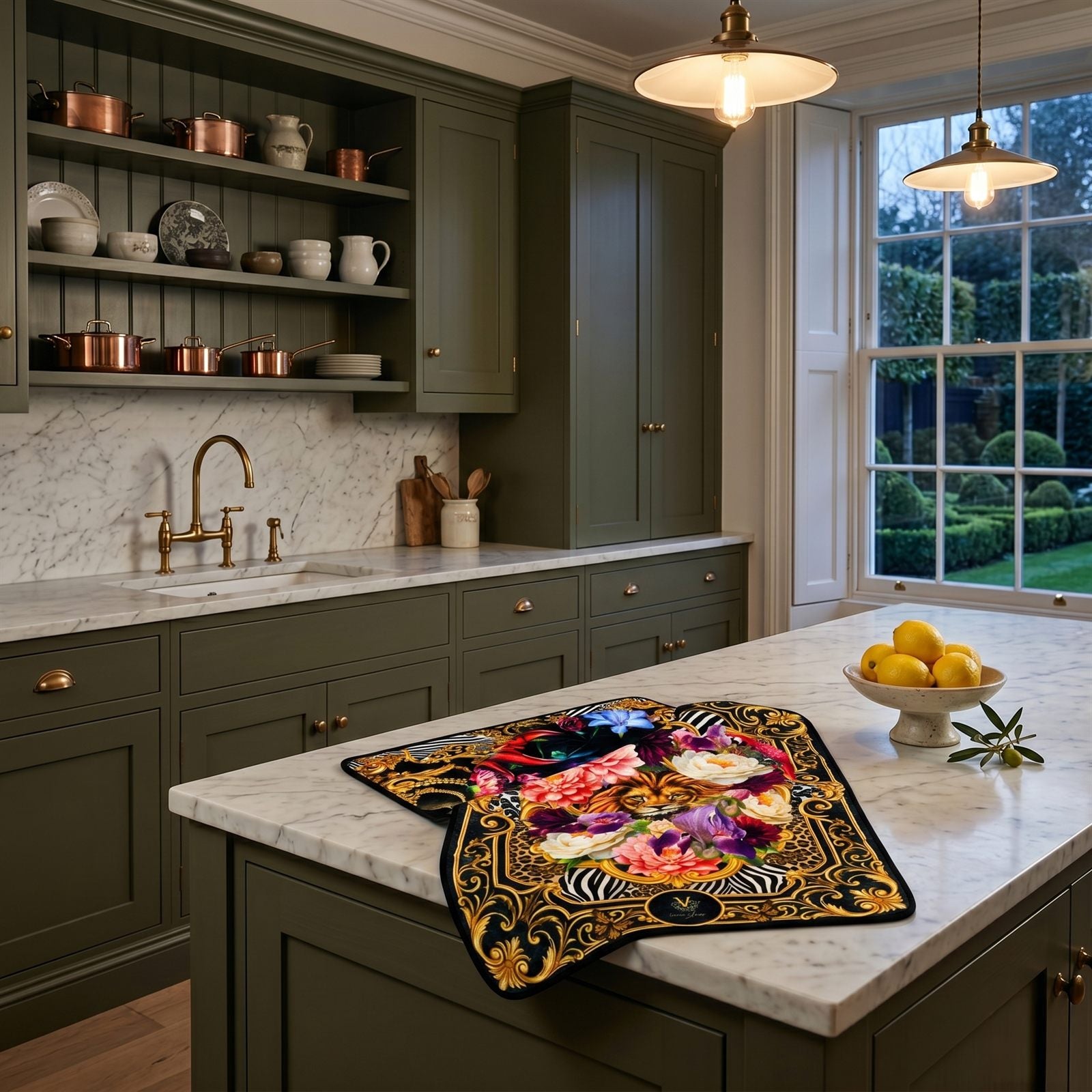 Luxe styling cloth draped over a marble kitchen island