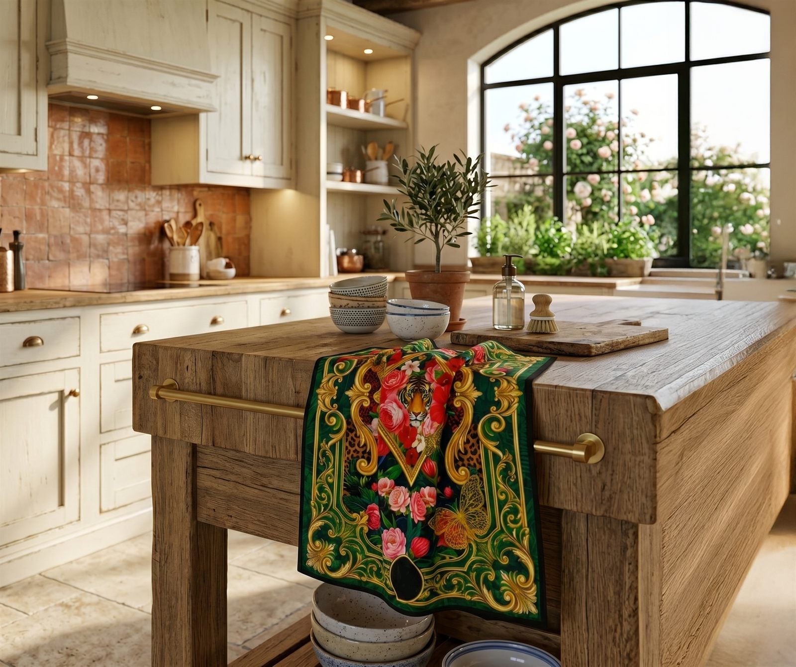 Styling cloth on a rustic timber kitchen island