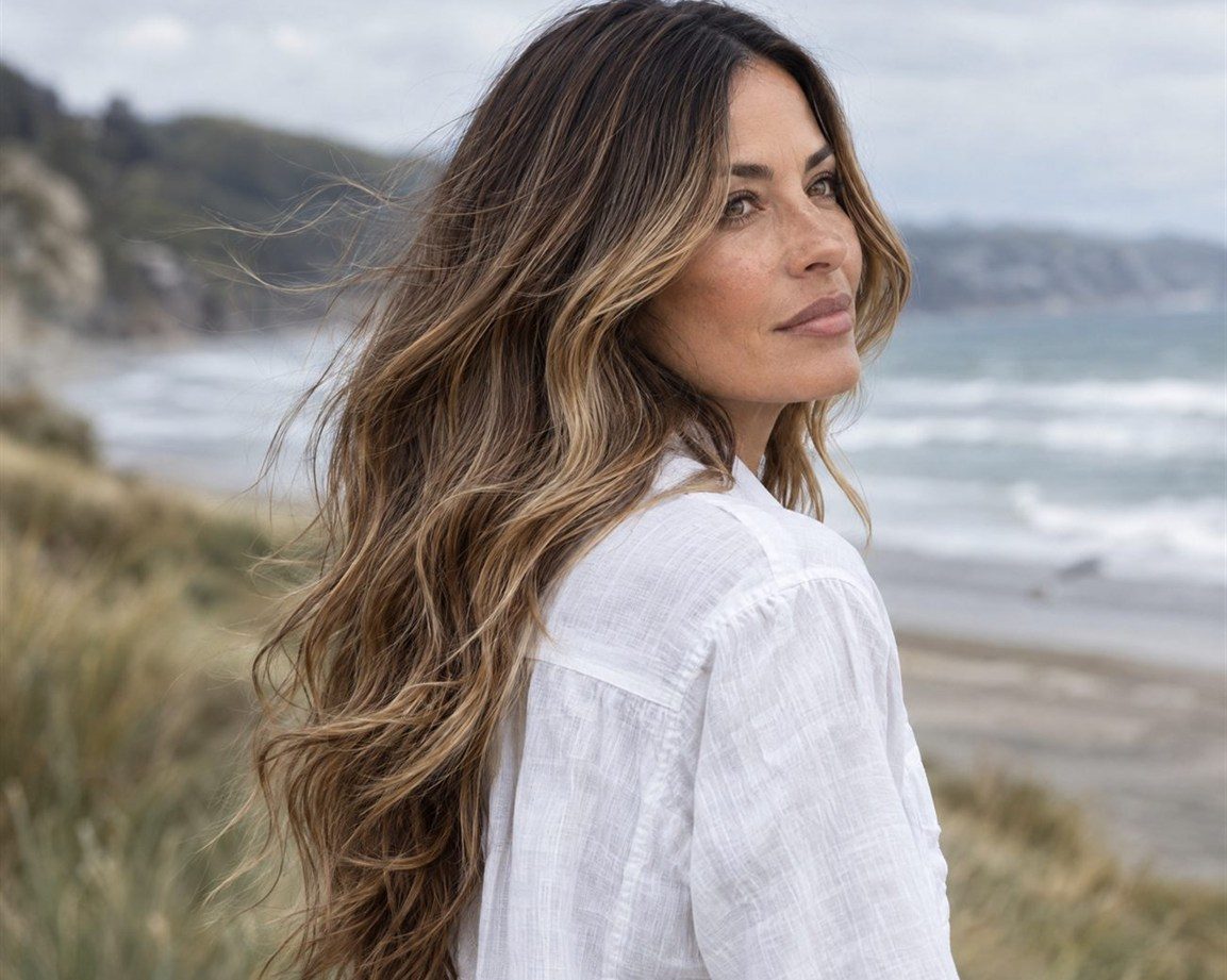 A woman on a beach with long balayage, a natural brunette root melting into honey and caramel