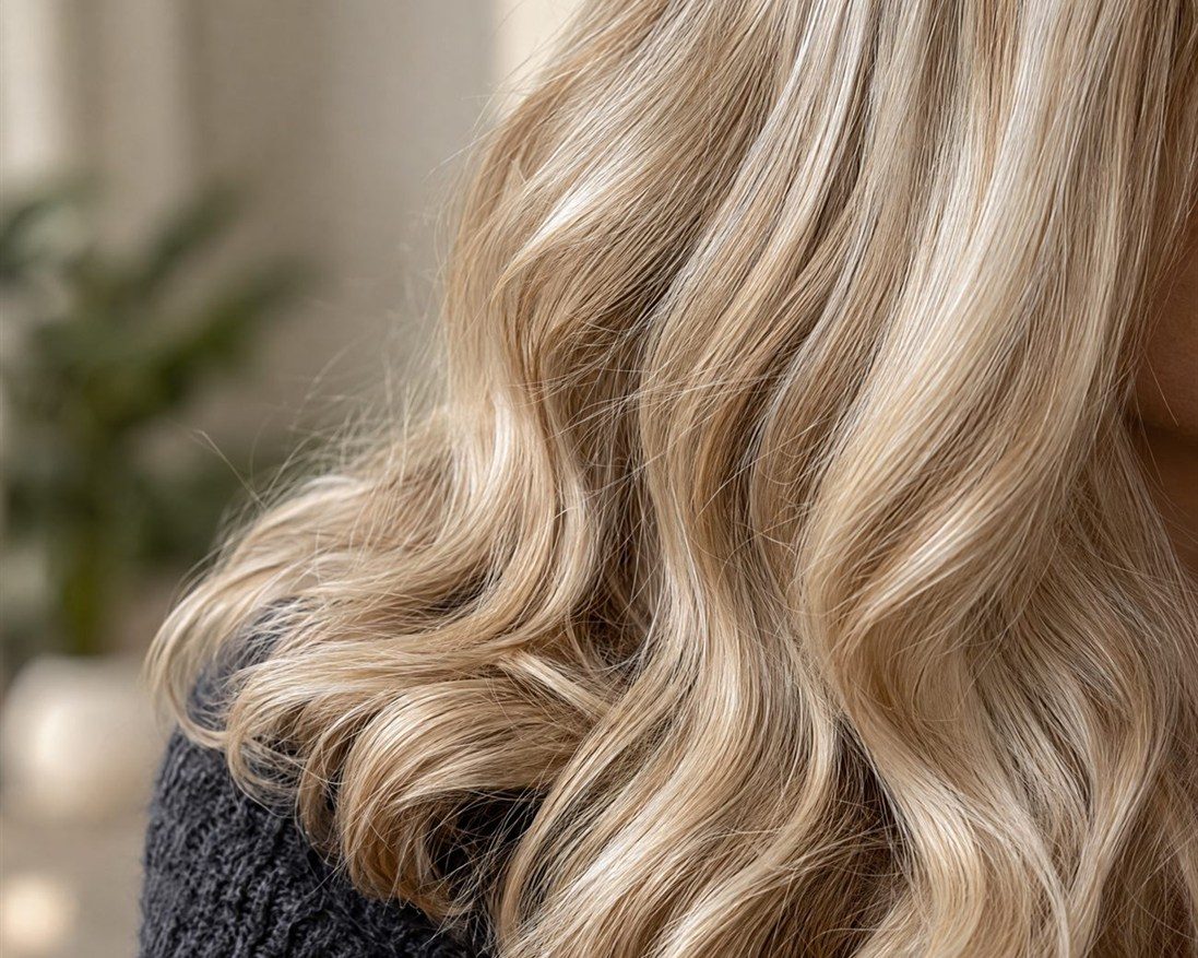 Close-up of clean, creamy blonde waves with no yellow or orange