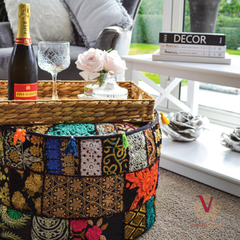 si belle collections colourful pouf footstool ottoman used at side table with wine glasses