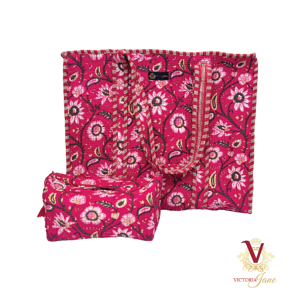 Cerise Floral Tote Pouch Set – Matching Duo set
