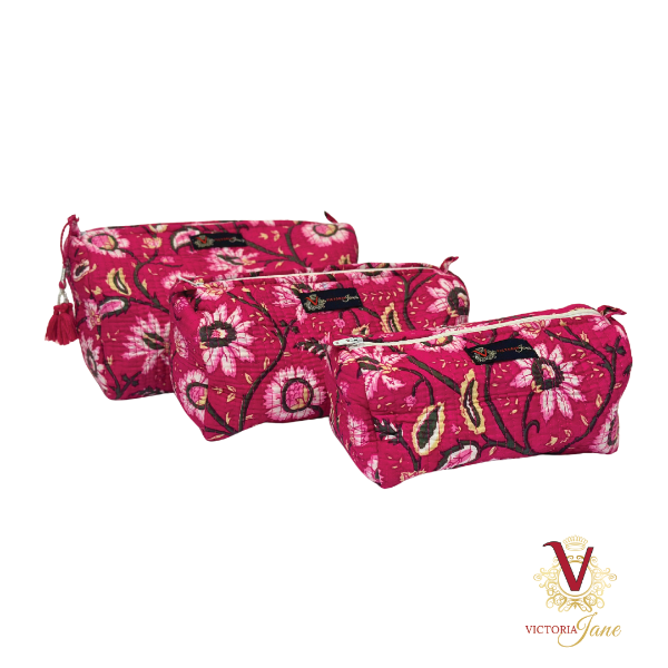 Cerise Floral Pouch Bag Set three