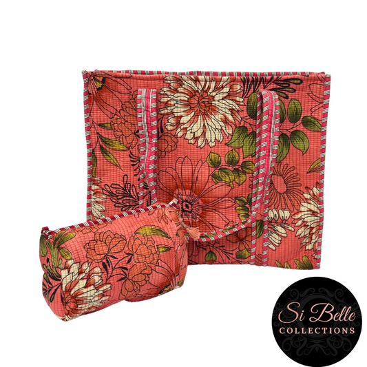 Dark Peach Flower Tote Pouch Set – Matching Duo