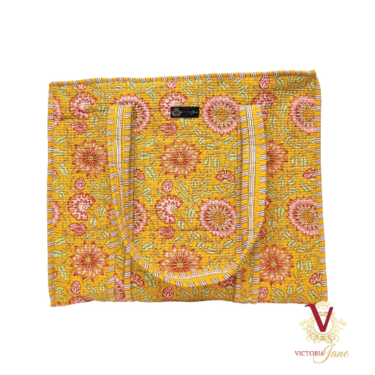 Gold Floral Zipped Designer Carry All Tote Bag