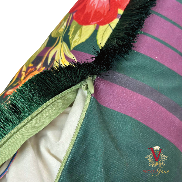 Green Queen Bee Society Velvet Cushion Cover zip open