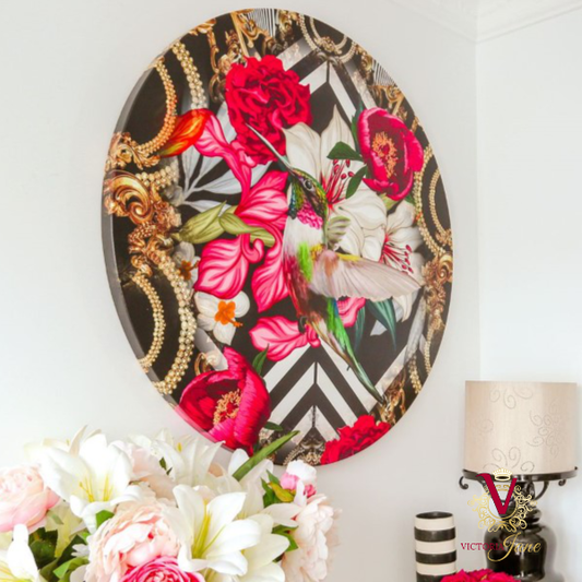 Victoria Jane Lily Bird Round Canvas Art hummingbird floral bright beautiful print lifestyle image in foyer