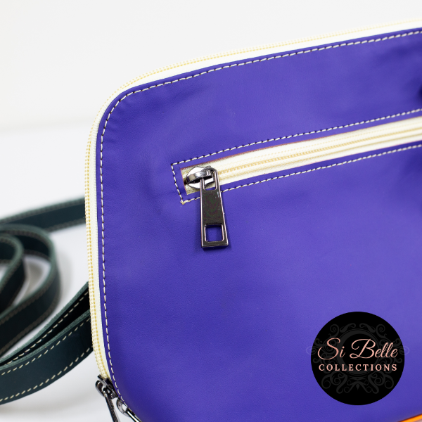 si belle collections Purple, Grey and Orange Leather Bag  front close up zip