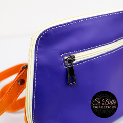 si belle collections Purple, Orange and Blue Leather Bag close up zip