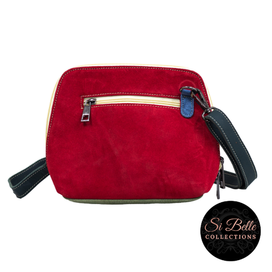 Red, Pink and Grey Suede Bag front