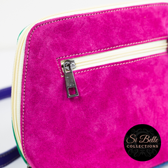 Teal, Pink and Purple Suede Bag close up