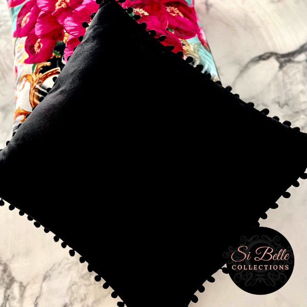 Si Belle Collections - Black Beauty Velvet Pom-Pom Cushion