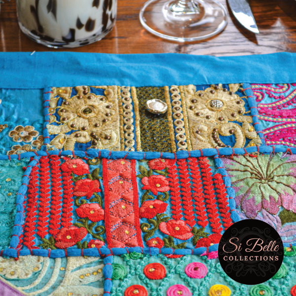 si belle collections turquoise blue table runner close up