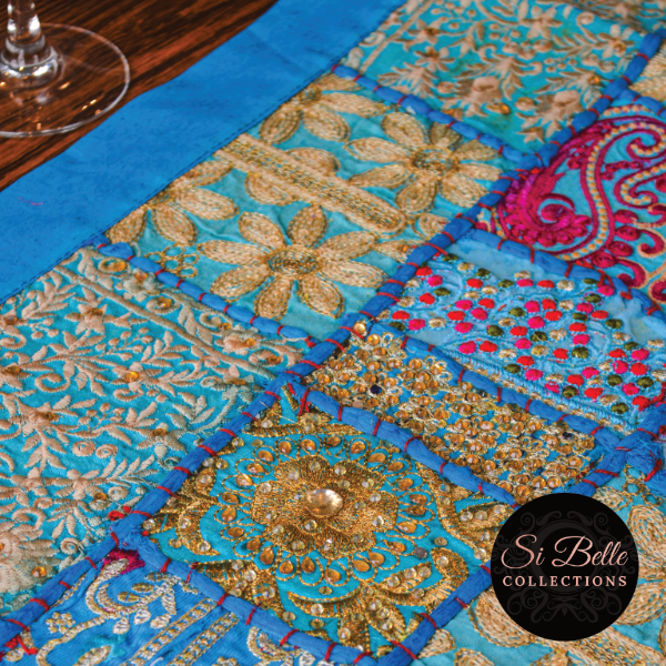 si belle collections turquoise blue table runner super close up